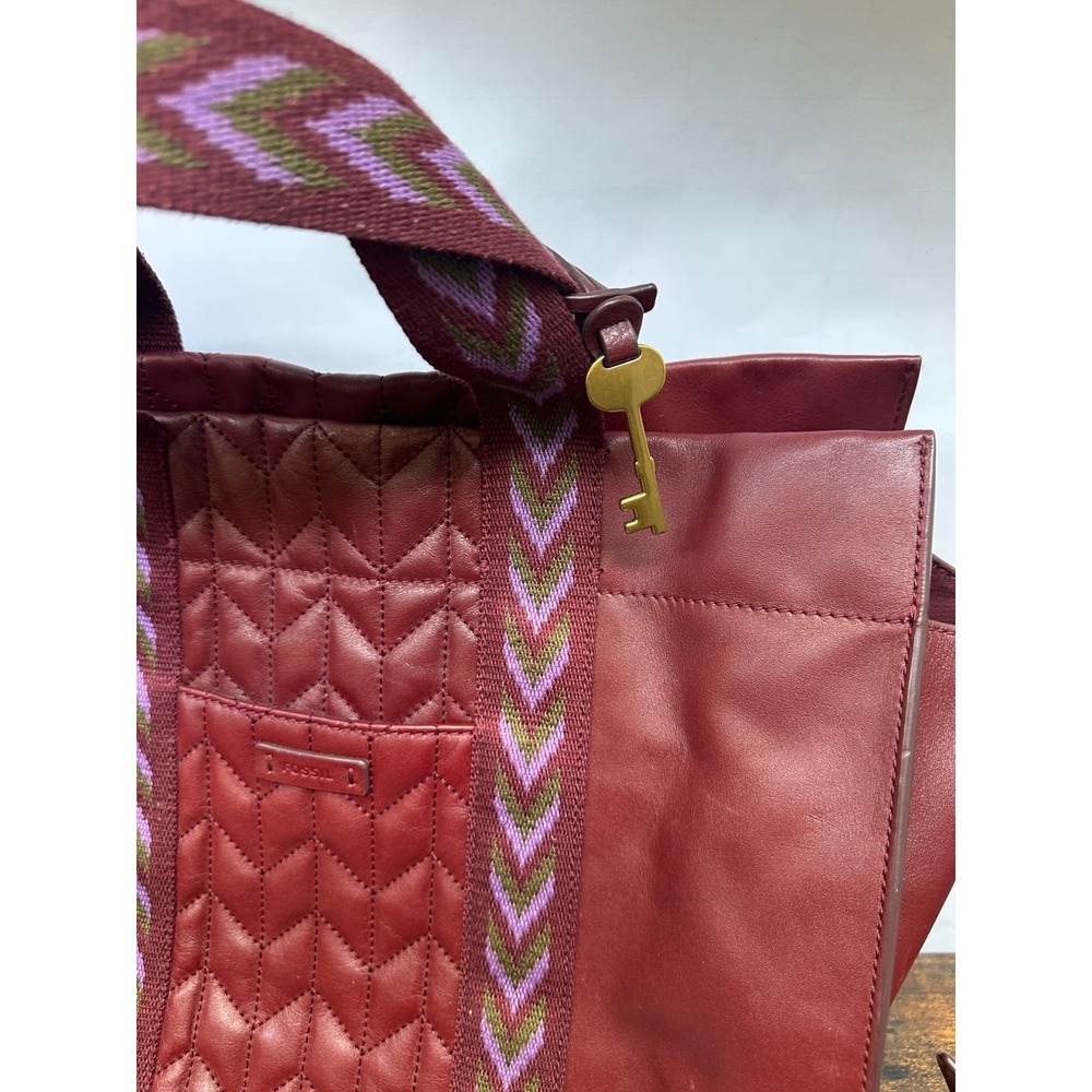 Fossil Carmen Tote Burgundy Quilted Leather Handbag Crossbody Wine Shoulder Bag - Picture 4 of 16